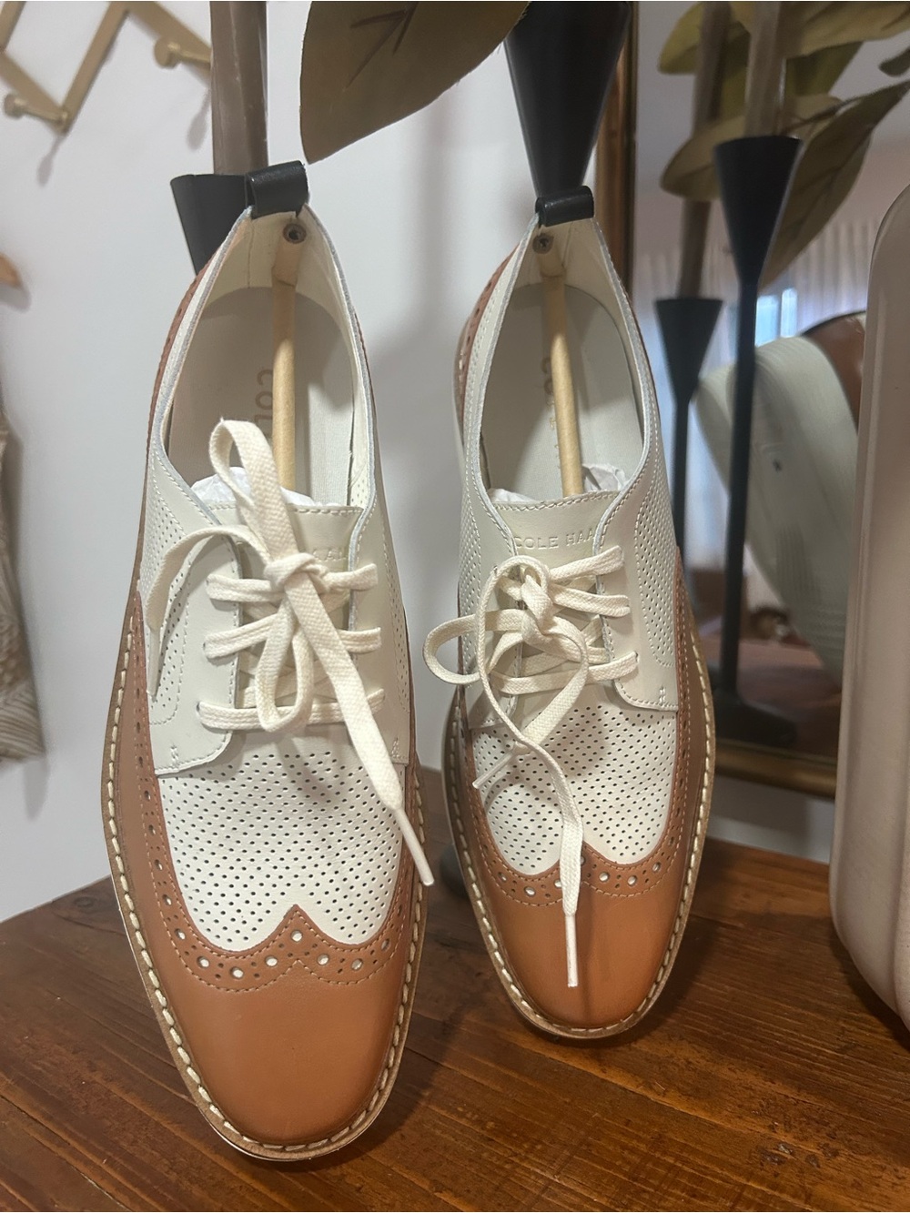 New !!!Cole Haan Cream and Tan Perforated Wingtip Derby Sneakers